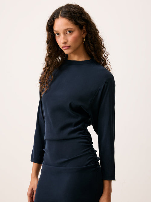 VALERIA navy blue short dress with ruffles, front view by Rouje