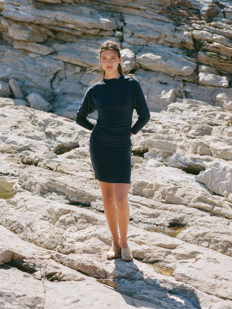 VALERIA navy blue ruffled short dress, lifestyle view by Rouje