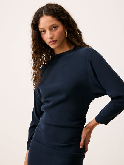 VALERIA navy blue ruffled short dress, back view by Rouje
