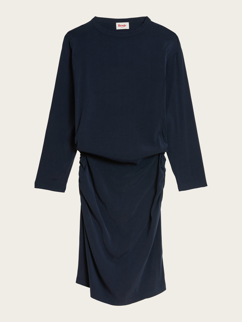 VALERIA navy blue short dress with ruffles, flat packshot by Rouje
