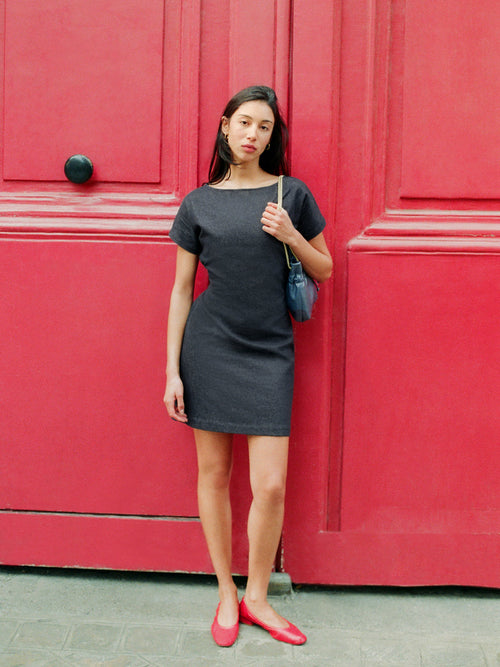 VALOU soft denim short dress with lace-up back, front view by Rouje