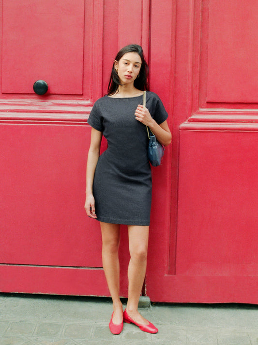 VALOU soft denim short dress with lace-up back, front view by Rouje