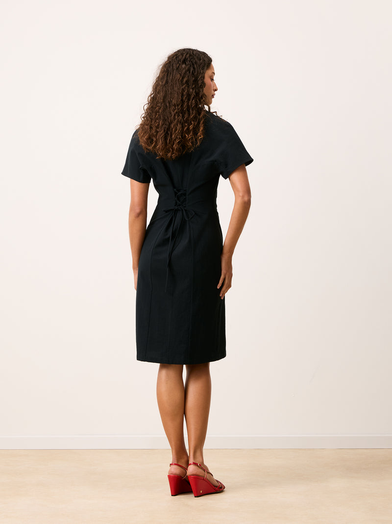 VICTOIRE black cotton midi dress, back view with lace-up detail by Rouje