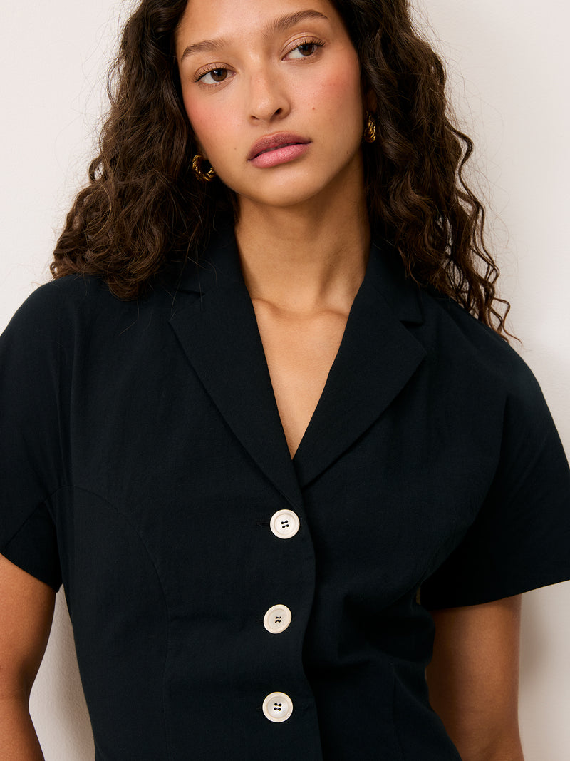 VICTOIRE black cotton midi dress, side view by Rouje