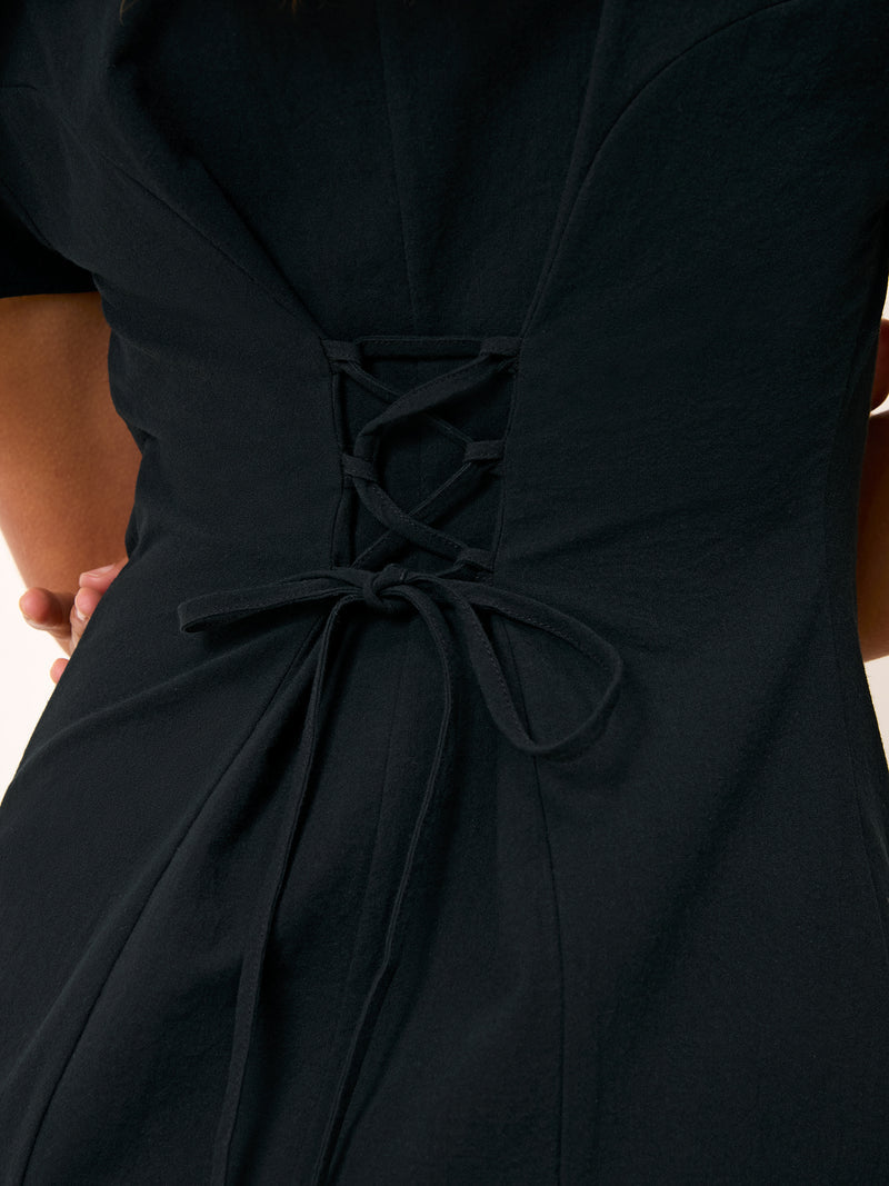 VICTOIRE black cotton button-down midi dress, detail of collar by Rouje