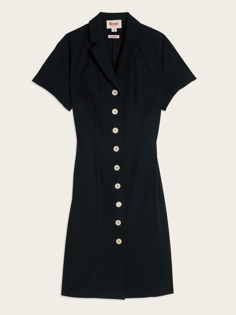 VICTOIRE black cotton button-down midi dress, flat packshot by Rouje
