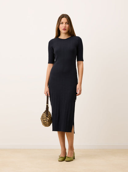VIVIANE storm long pointelle knit dress worn on a model by Rouje