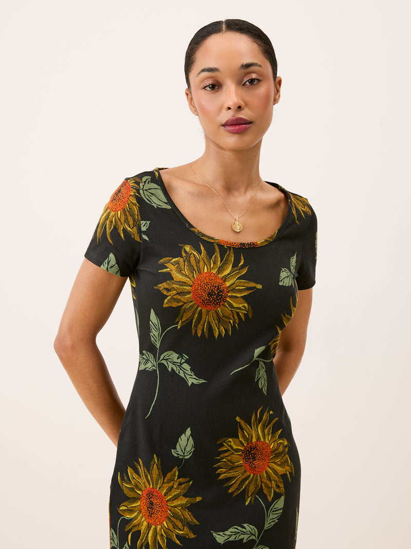 WINNIE black Soleil de midi sunflower print short T-shirt dress, front view by Rouje