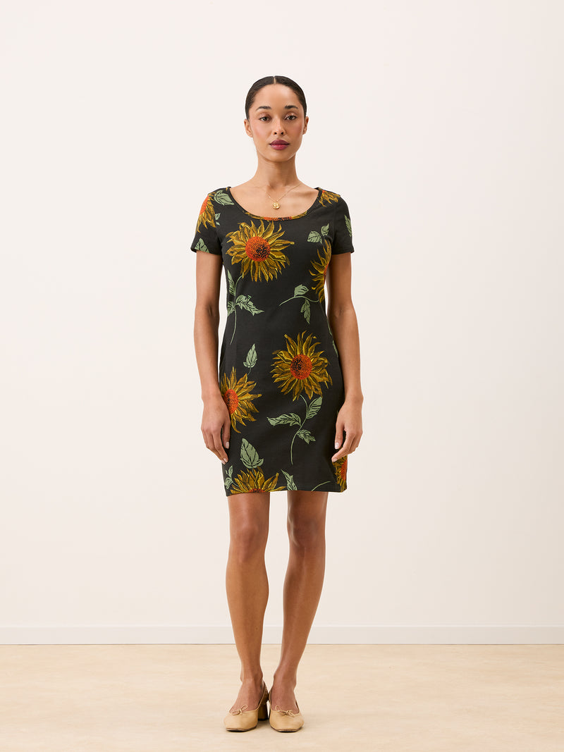 WINNIE black sunflower print T-shirt dress, back view by Rouje