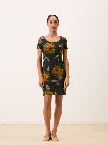 WINNIE black sunflower print T-shirt dress, back view by Rouje