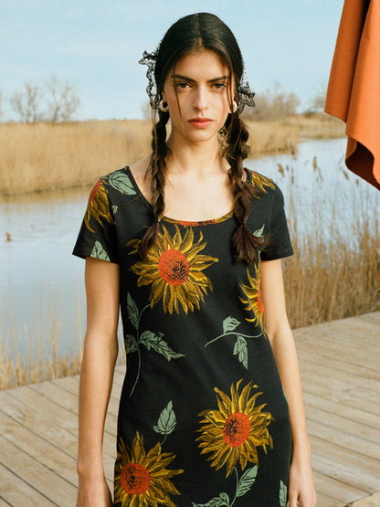WINNIE black sunflower print short dress, lifestyle setting by Rouje