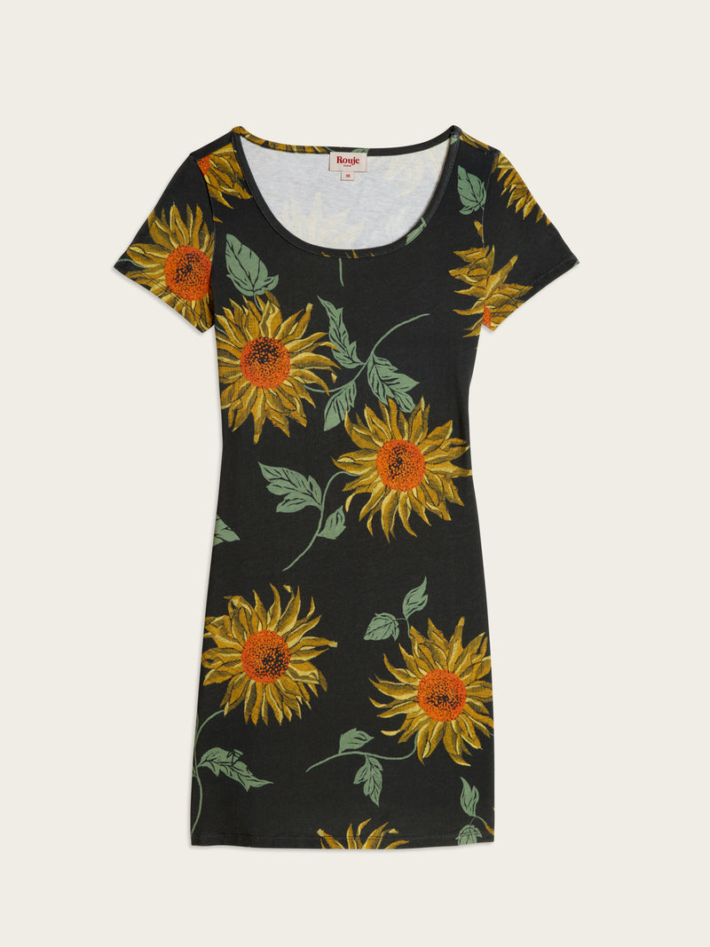WINNIE black sunflower print short T-shirt dress, flat packshot by Rouje