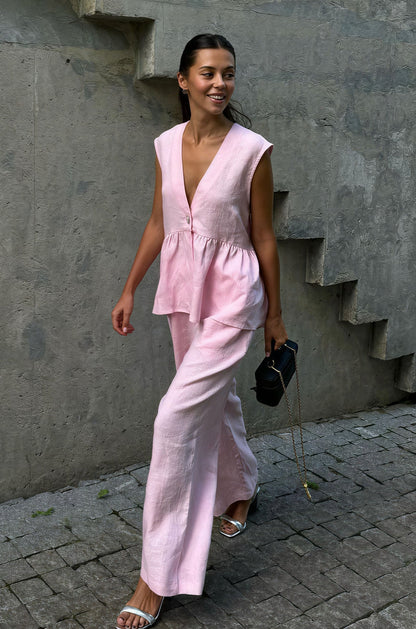 Romantic Cotton V Neck Sleeveless Vest Pants Two Piece Set