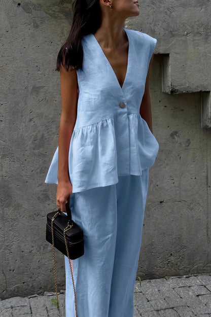 Romantic Cotton V Neck Sleeveless Vest Pants Two Piece Set
