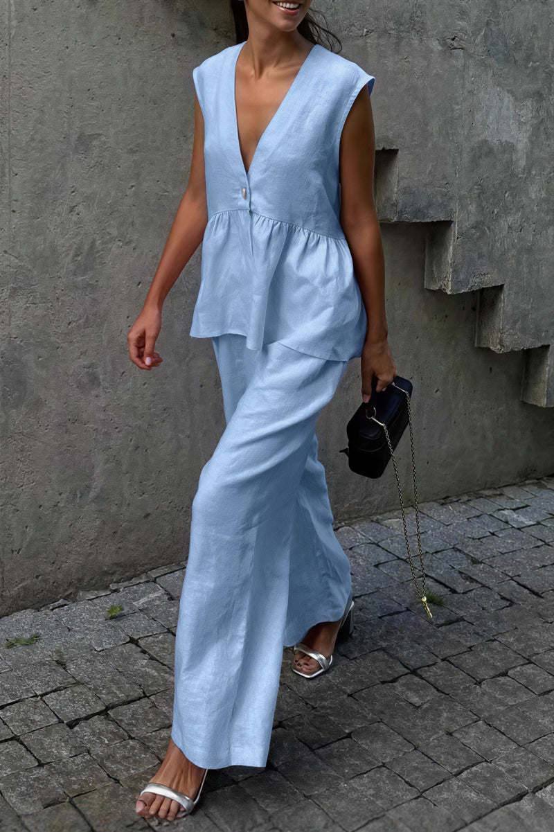Romantic Cotton V Neck Sleeveless Vest Pants Two Piece Set