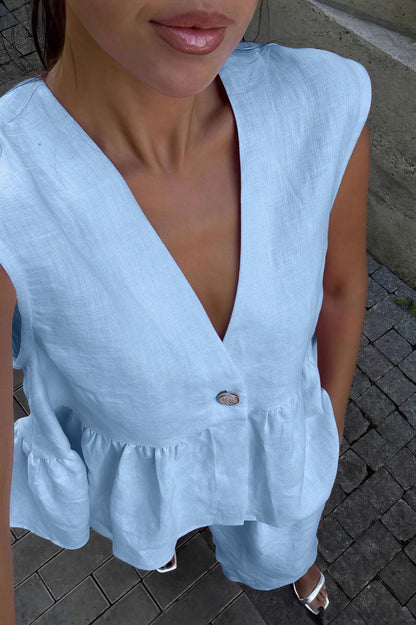 Romantic Cotton V Neck Sleeveless Vest Pants Two Piece Set