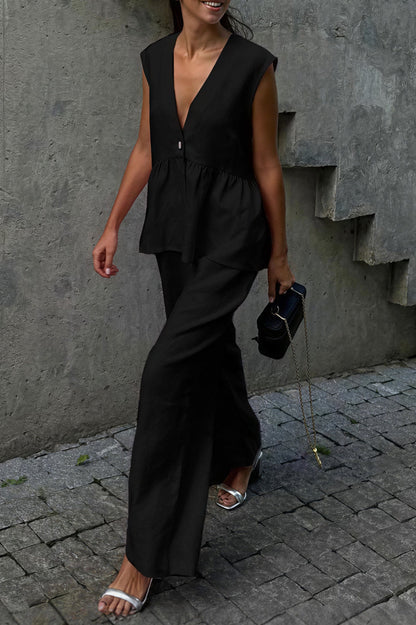 Romantic Cotton V Neck Sleeveless Vest Pants Two Piece Set