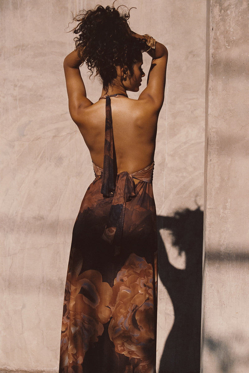 Back view of the mocha mesh maxi dress showing the silhouette and fit.