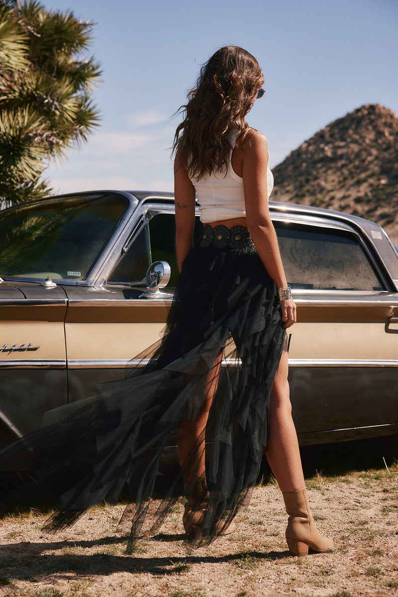 Close-up of the Rosalie Rock Black Tulle Maxi Skirt showcasing the tulle texture and craftsmanship.