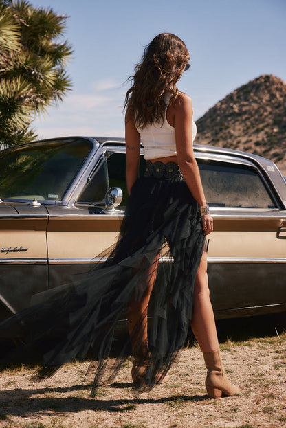 Close-up of the Rosalie Rock Black Tulle Maxi Skirt showcasing the tulle texture and craftsmanship.