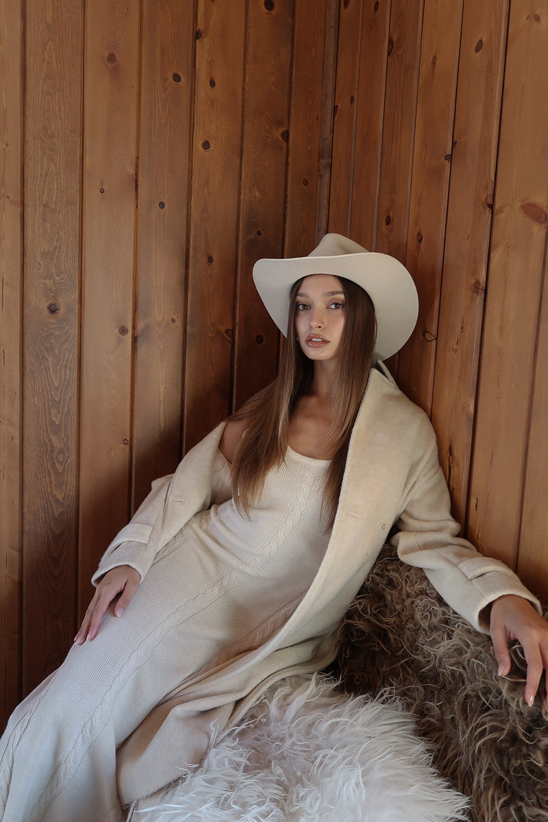 Rowan Cream Cable Knit Maxi Dress styled in a complete look from an alternate angle.