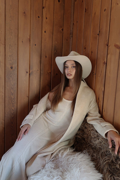 Rowan Cream Cable Knit Maxi Dress styled in a complete look from an alternate angle.