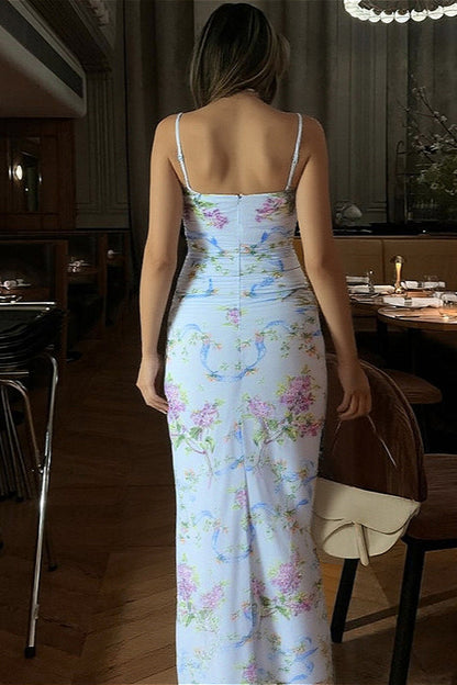 Ruched Split Spaghetti Strap Backless Floral Dress