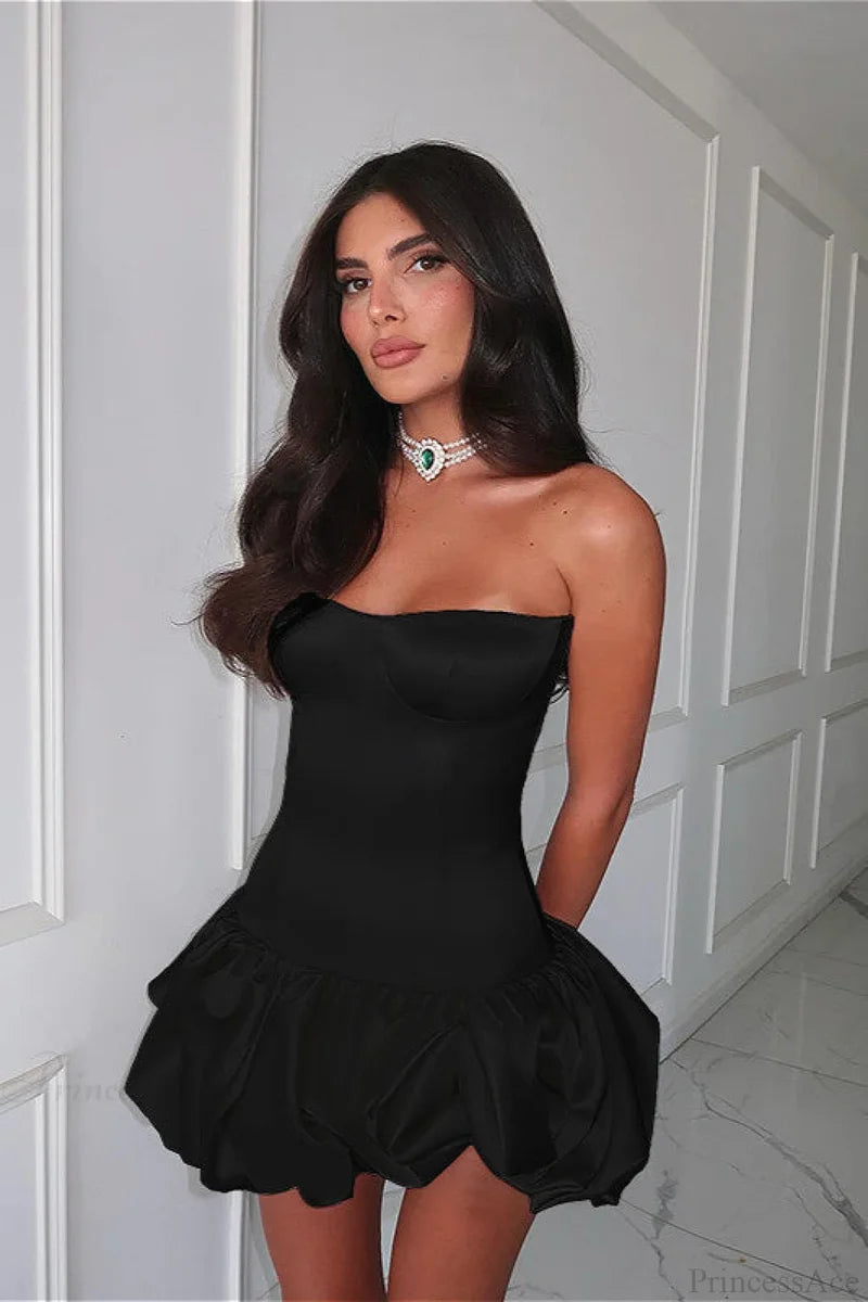 Ruched Strapless Slim A Line Sexy Mini Dress Black / XS