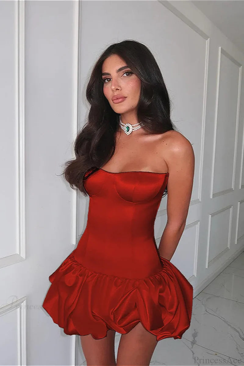 Ruched Strapless Slim A Line Sexy Mini Dress Red / XS