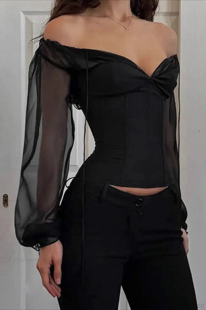 Ruched V-neck Puff Sleeve Slim Long Sleeve Tee