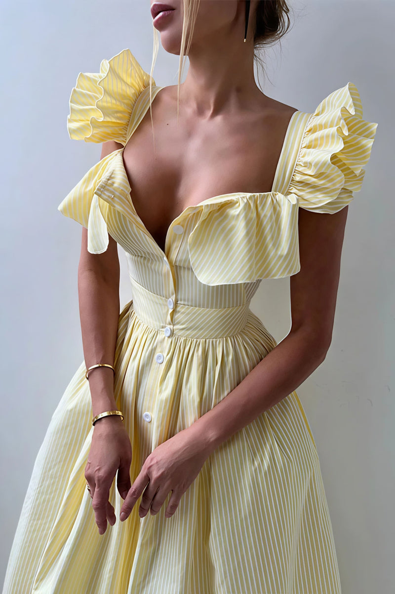 Ruffle Striped Square Collar Midi Dress