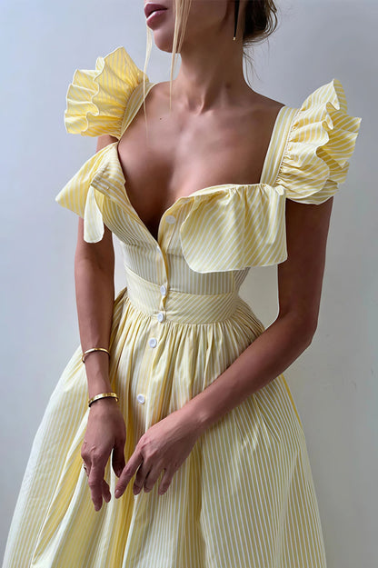 Ruffle Striped Square Collar Midi Dress