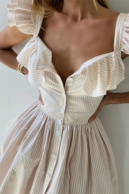 Ruffle Striped Square Collar Midi Dress