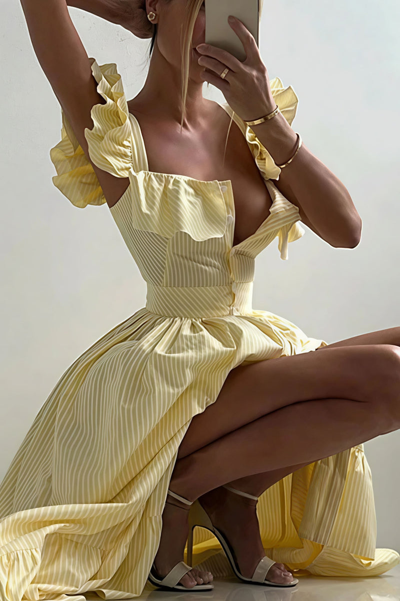 Ruffle Striped Square Collar Midi Dress