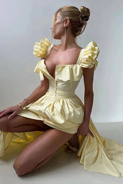 Ruffle Striped Square Collar Midi Dress