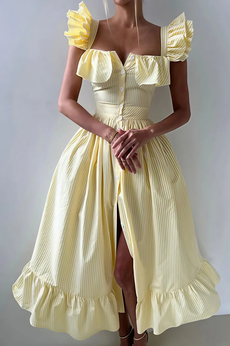 Ruffle Striped Square Collar Midi Dress