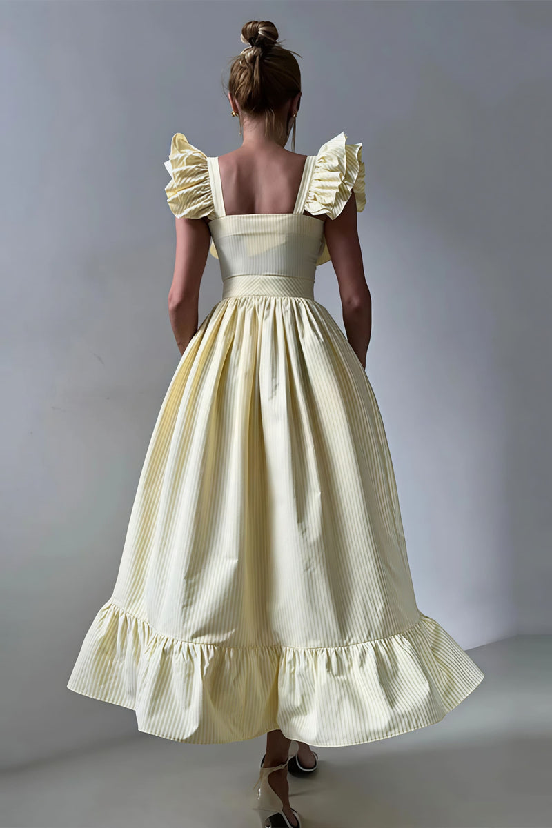 Ruffle Striped Square Collar Midi Dress
