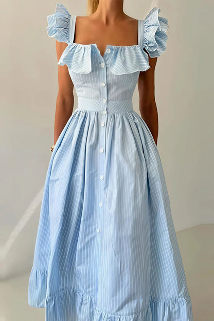 Ruffle Striped Square Collar Midi Dress