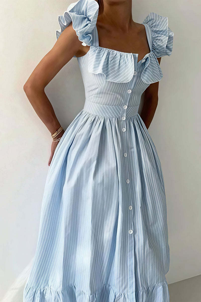 Ruffle Striped Square Collar Midi Dress