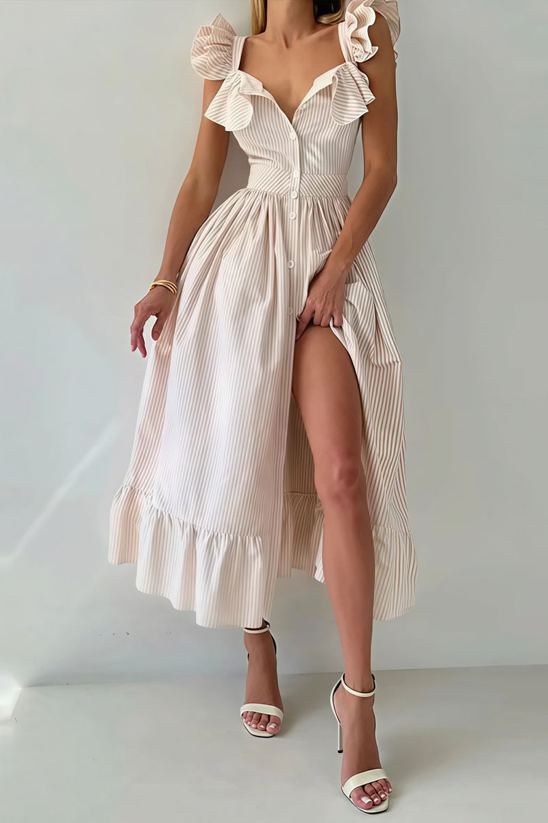 Ruffle Striped Square Collar Midi Dress