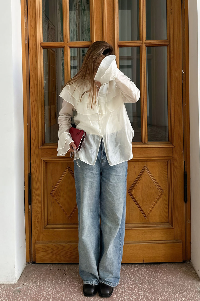 Ruffled Flare Sleeve Tencel Chiffon Blouse