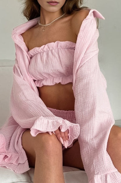 Ruffled Loose Casual Long Sleeve Three Piece Set