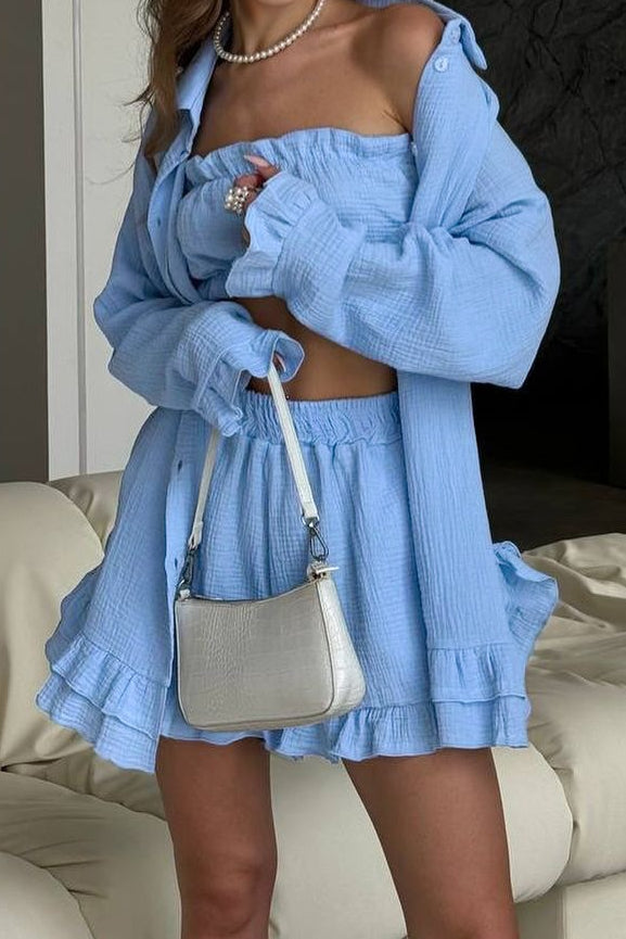 Ruffled Loose Casual Long Sleeve Three Piece Set