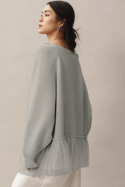 Ruffled Tulle Knit Long-Sleeve Cardigan