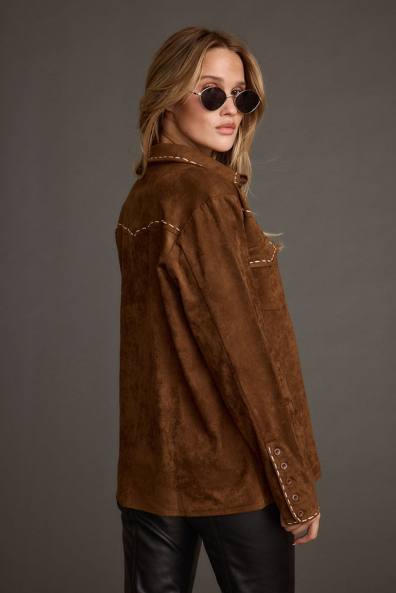 Close-up of the Rustic Pines Brown Suede Button Down Top showcasing the fabric texture and design details.