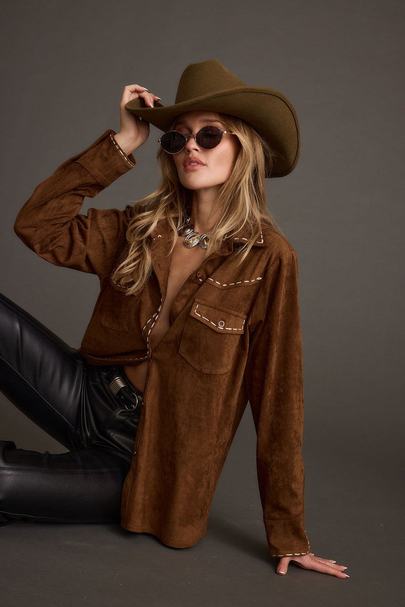 Rustic Pines Brown Suede Button Down Top styled in a complete look from an alternate angle.