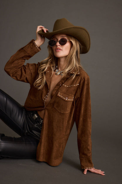 Rustic Pines Brown Suede Button Down Top styled in a complete look from an alternate angle.