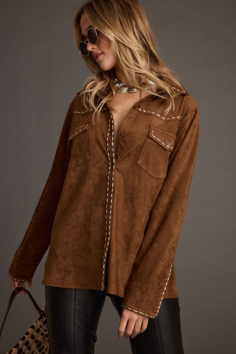 Detail shot of the Rustic Pines Brown Suede Button Down Top highlighting the design elements.