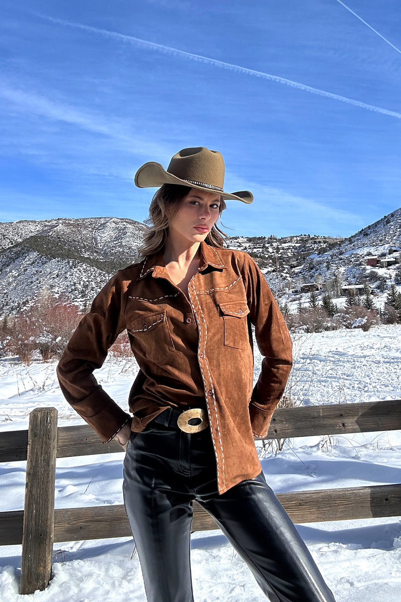 Additional view of the Rustic Pines Brown Suede Button Down Top from a different perspective.