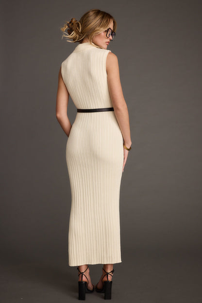 Close-up of the Ruth Cream Turtleneck Sleeveless Sweater Midi Dress showcasing the fabric texture and design details.
